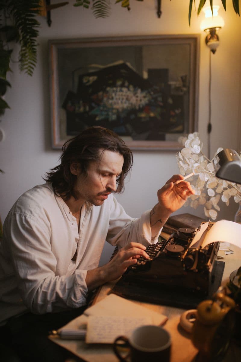 Rowan Hale at a vintage typewriter, plants and a warm lamp behind him